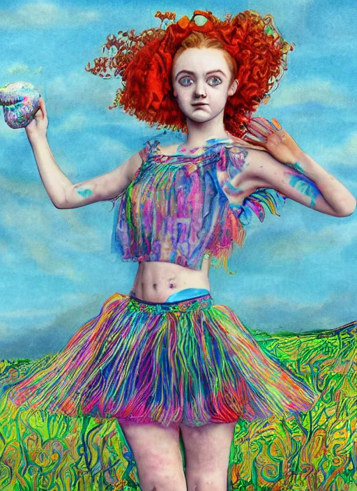 Image similar to surrealism psychedelic full body portrait sketch of evanna lynch as sadie sink as delirium of the endless in fishnet top and rainbow tutu skirt from the sandman, floating goldfish, green and blue eye heterochromia by alex ross, josh kirby, detailed, elegant, intricate