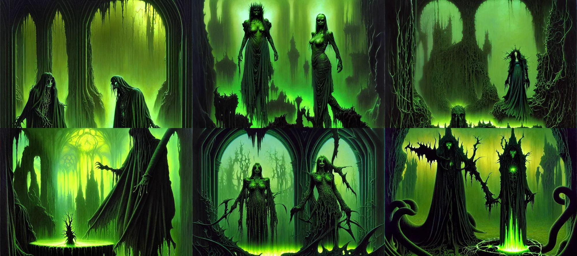 Prompt: the forgotten misery by michael whelan and roger dean and brom and hubert robert and greg staples and donato giancola, beautiful, flowing magical flesh robe, highly detailed, hyperrealistic, intricate, horror, darkness, black flame, low light, green crystal, high contrast, old and young, lifelike