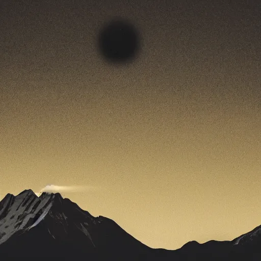 Prompt: a black dot in the sky spaghettifying a mountain, dark lighting, landscape