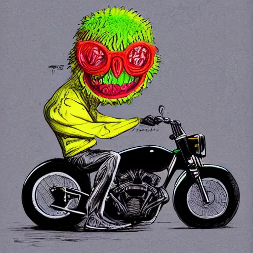 Image similar to a tennis ball monster on a motorcycle harley davidson on a tennis court, digital art, fantasy, magic, chalk, trending on artstation, ultra detailed, professional illustration by basil gogos