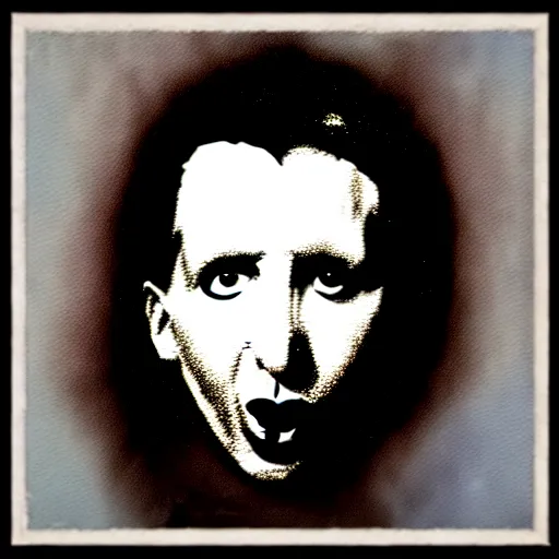 Prompt: painting on a badge!!!!, photo of a marilyn manson, punks not dead!!!!, exploited!!, clash, junk yard, rats!!, god save the queen!!!, punk rock album cover art style, grunge, no future!!!!