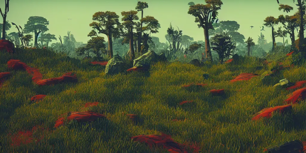 Image similar to abstract 3d landscape painting with vegetation and trees at noon by james jean and painted in no mans sky style, redshift, octane