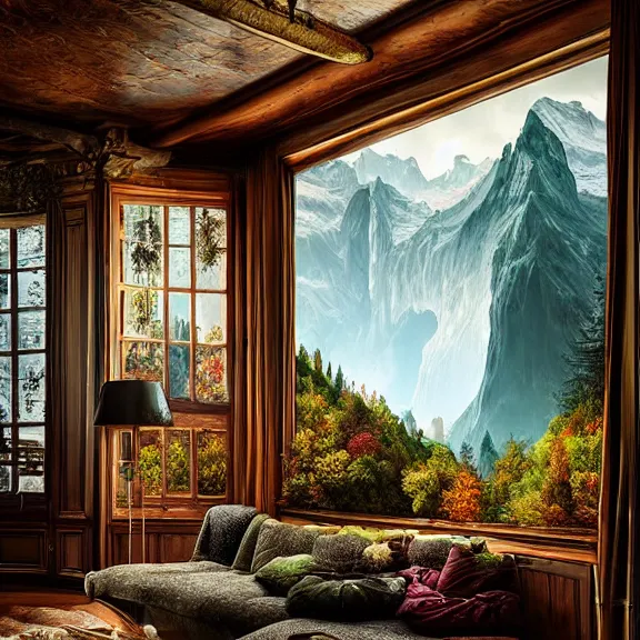 Image similar to fantastical living room with switzerland landscape in the window by marc adamus, beautiful dramatic lighting, overgrown with funghi, style by peter deligdisch, peterdraws