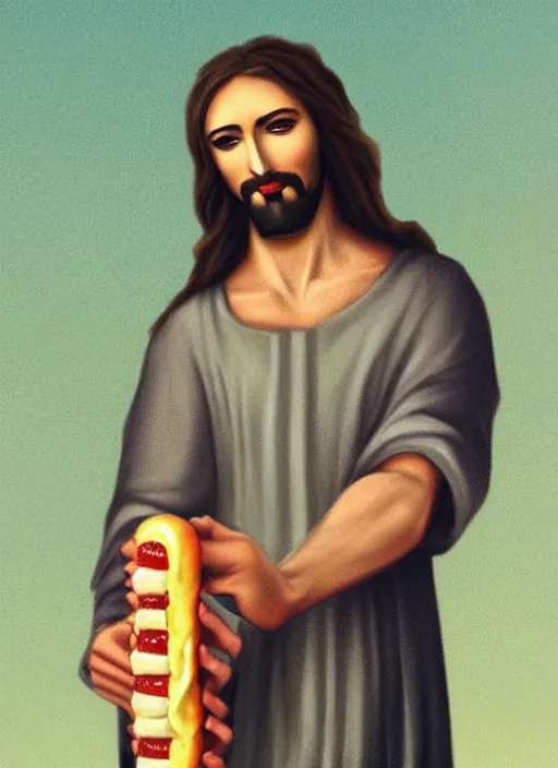 Image similar to jesus holding a hotdog