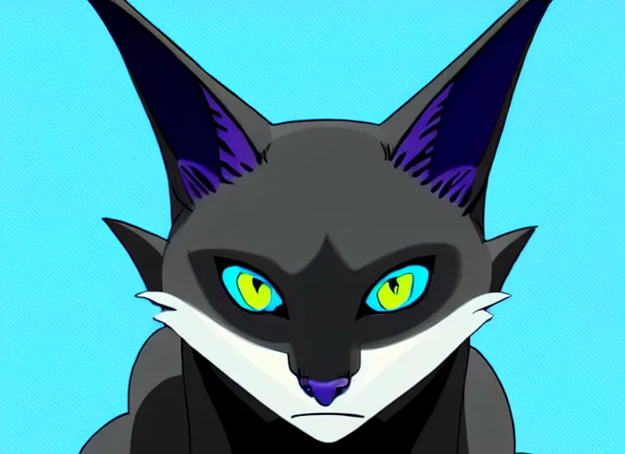 Image similar to a blue - and - black male catbat fursona with blue / green heterochromatic eyes ( differently - colored eyes, one eye green, one eye blue ) and huge bat ears, photo of the catbat streaming on his computer