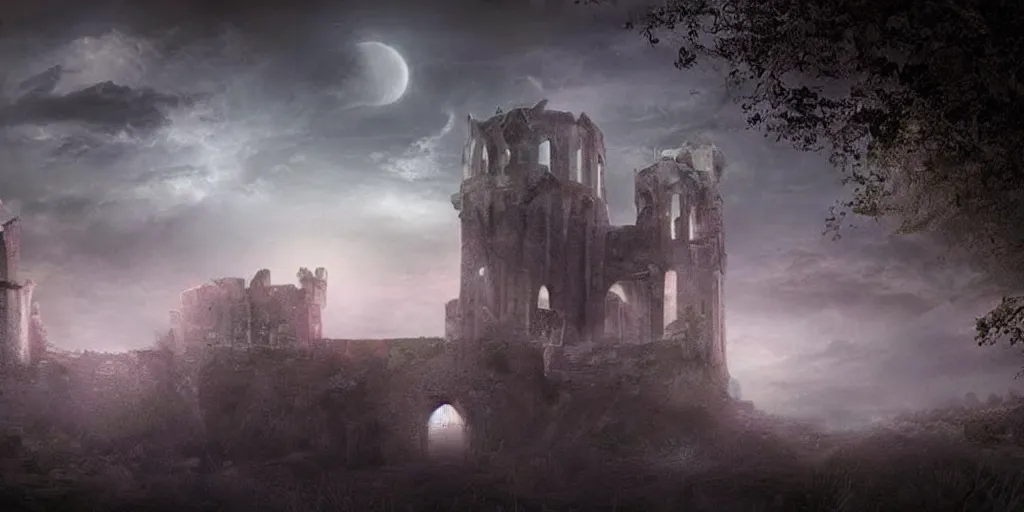 Prompt: beautiful matte painting castle ruins, fog, night, moonlight, fantasy