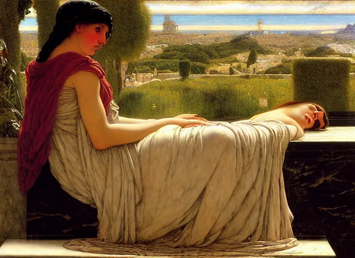 Prompt: sorrowful picture. hyperrealism, intricate details, trending on artsation by arnold bocklin, herbert james draper, sir lawrence alma - tadema john william godward