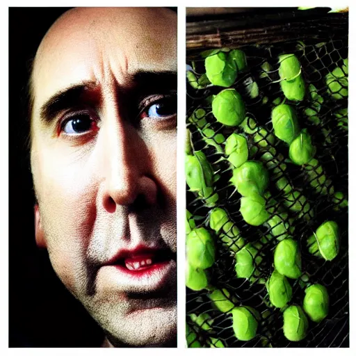 Image similar to nicolas cage trapped in a wicker cage with peas on his face, looking up, not the bees