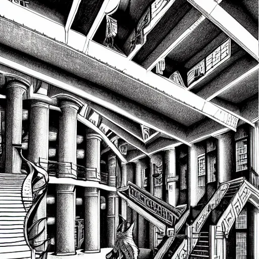 Image similar to a huge howling angry wolf in a huge bright maze of many doorways and lots of stairs, many doorways, inside MC Escher architecture, artstation, Junji Ito, epic composition, detailed background