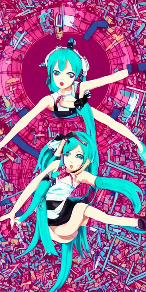 Image similar to Hatsune miku swing dancing with Gumi by Tristan Eaton. 1930s Musical.