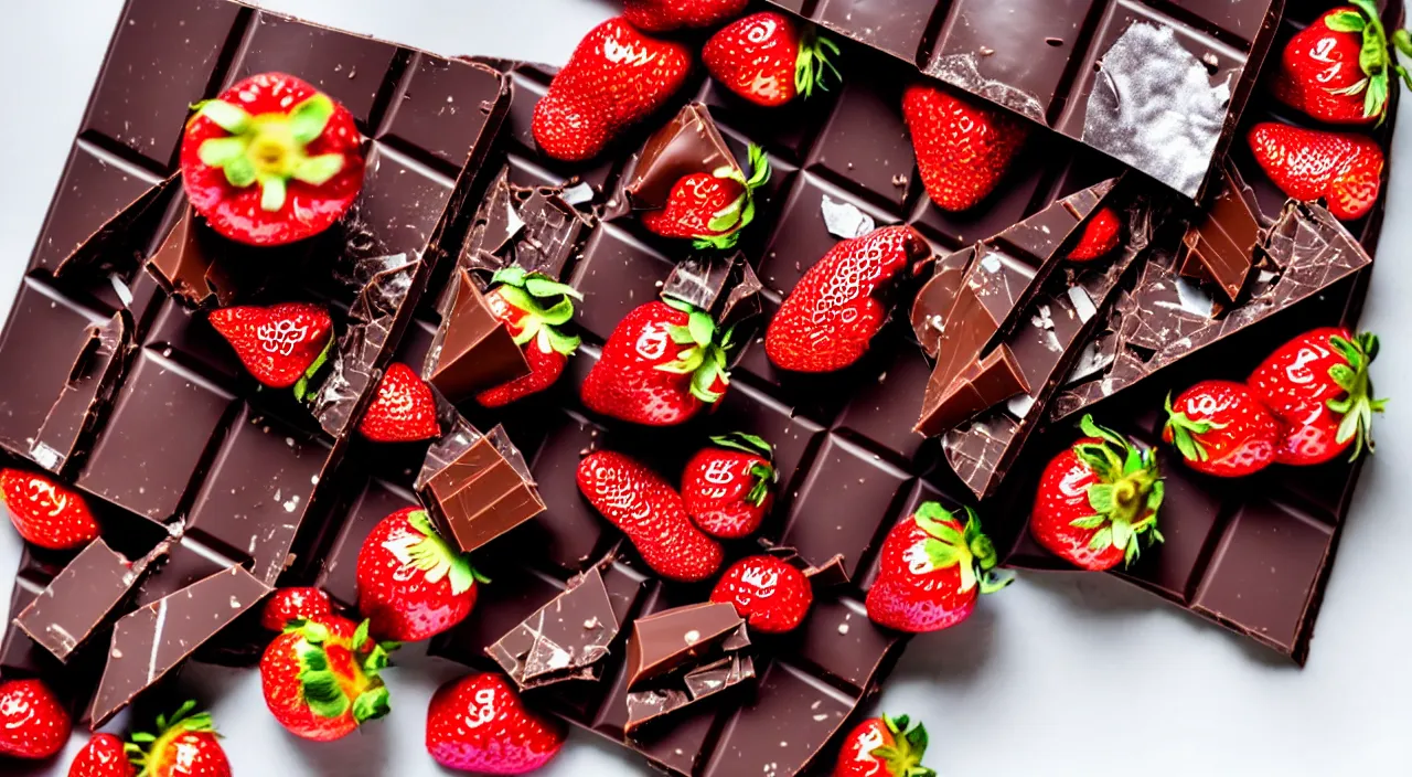 Image similar to A gourmet dark chocolate bar with a piece broken off, on an opened silver wrapper, next to sliced strawberries, on a wooden tray, macro lens product photo