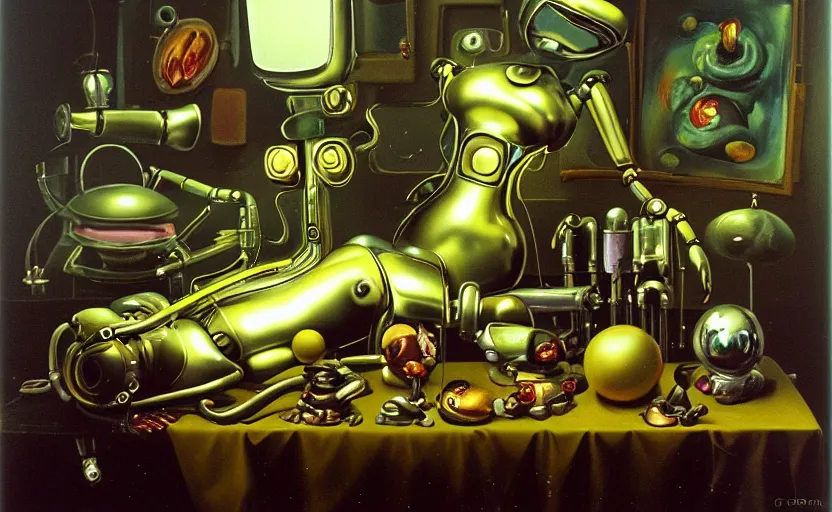 Image similar to strange seductive futuristic robot body, enticing colorful oil painting dutch golden age vanitas still life sparse composition with bulbous objects strange gooey transparent surfaces shiny metal reflections bizarre mutant meat insects rachel ruysch dali todd schorr very detailed perfect composition rule of thirds masterpiece canon 5 0 mm, cinematic lighting, photography, retro, film, kodachrome