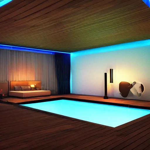 Image similar to philips hue led strip lighting, swiming pool, scene, colourful, 8 k, unreal engine, realistic, house and home, luxury,