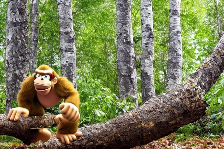Image similar to close up of donkey kong in a forest knocking down trees, a white birch tree that has fallen over, donkey kong from nintendo 6 4