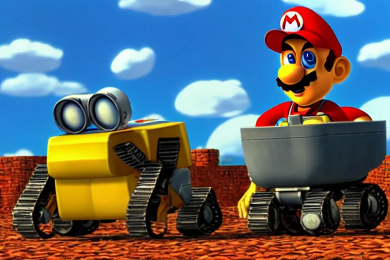 Image similar to wall - e in super mario 6 4, heavy detailed, ultra high definition quality, super mario 6 4 game engine graphics