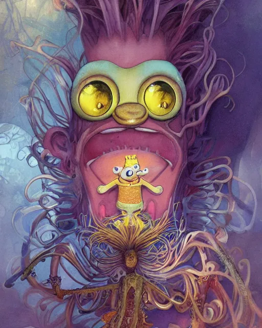 Prompt: spongebob insane eyes, extreme close up, madness, insanity, highly detailed, gold filigree, romantic storybook fantasy, soft cinematic lighting, award, disney concept art watercolor illustration by mandy jurgens and alphonse mucha and alena aenami, pastel color palette, featured on artstation