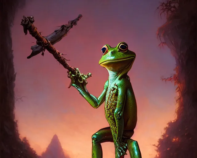 Image similar to highly detailed portrait of a anthro frog mage, humanlike frog holding a wand, elden ring, stephen bliss, fantasy art by greg rutkowski, loish, rhads, ferdinand knab, makoto shinkai and lois van baarle, ilya kuvshinov, rossdraws, tom bagshaw, global illumination, radiant light, detailed and intricate environment