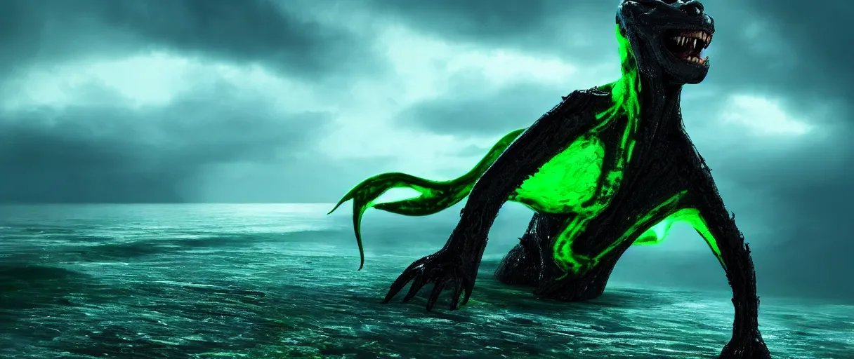 Prompt: a stunning cinematic extreme wide shot of an adorable confused slick sleek smooth green and blue humanoid sea monster wearing clothes made of seaweed on a dark stormy beach, well designed perfect with huge luminous sad eyes, sharp claws, cgsociety, hd octane render, fantasy, furry art, artstation, deviantart, furaffinity, very very clean, super smooth, thunderclouds