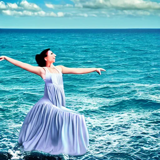 Prompt: a woman dancing over the ocean, beautiful, surreal dress