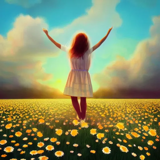 Prompt: face made of giant daisies, girl standing barefoot in a flower field, holding flowers, surreal photography, sunrise dramatic light, impressionist painting, colorful clouds, large sky, digital painting, artstation, simon stalenhag, flower face