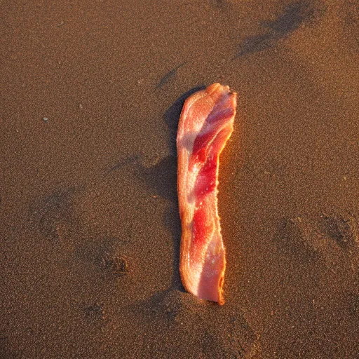 Prompt: a slice of bacon standing on the beach as the sun sets, civil twilight, backlit, photo realistic, 8 k