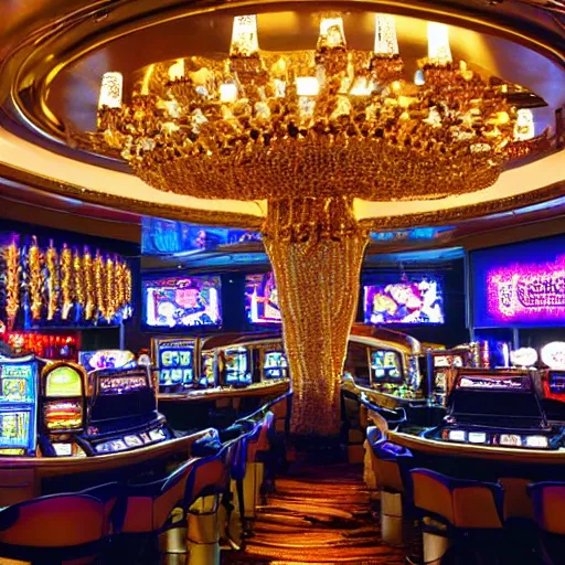 Image similar to Inside the fish’s snarling mouth was an opulent vegas casino full of diamonds and slot machines!