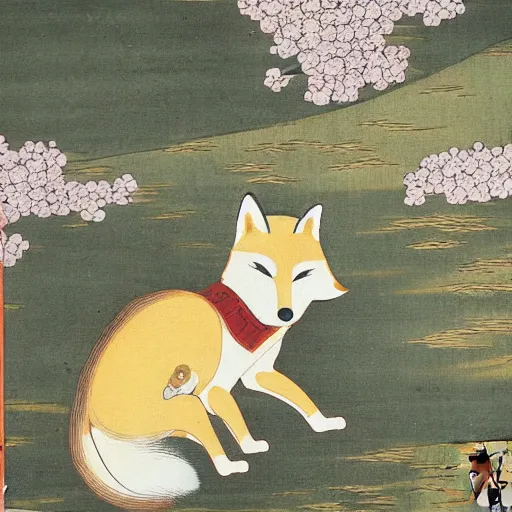Image similar to samurai fox with a katana. sakura forest in the background. old japanese painting. fresco