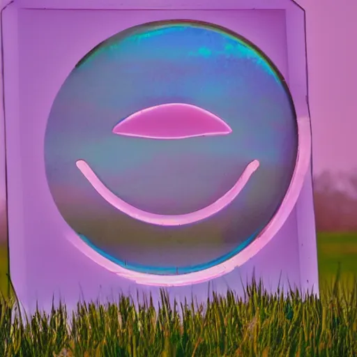 Prompt: a pastel colour Polaroid photo of large smiley face sign made of transparent iridescent perspex stood in a field, nostalgic