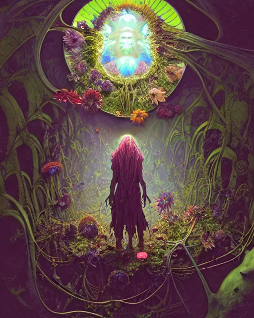 Prompt: the platonic ideal of flowers, rotting, insects and praying of cletus kasady carnage davinci dementor chtulu mandelbulb mandala ponyo dinotopia the witcher, fantasy, ego death, decay, dmt, psilocybin, concept art by randy vargas and greg rutkowski and simon stalenhag and alphonse mucha