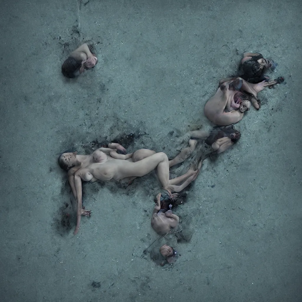 Image similar to overhead view of iridiscent oil slick with a woman's corpse connected by a transparent pipe to a baby buried, faded, depth of field, ultra realistic, very detailed, glitch, by nadav kander, 8 k hyper realistic detailed cinematic