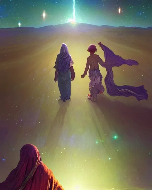 Image similar to bedouin man and woman and child in galaxy walking towards mosque surrounded by nebula, highly detailed, gold filigree, romantic storybook fantasy, soft cinematic lighting, award, disney concept art watercolor illustration by mandy jurgens and alphonse mucha and alena aenami, pastel color palette, featured on artstation