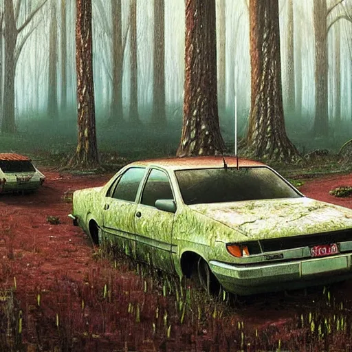 Prompt: hyper realistic painting of an australian landscape, an abandoned holden commodore covered with moss. by Simon Stålenhag