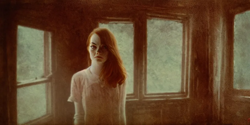 Prompt: portrait bust of emma stone, solemn expression, faded color film, russian cinema, tarkovsky, kodachrome, old cabin, next to window, heavy forest outside, long brown hair, old clothing, heavy fog, hudson river school, 4 k, dramatic lighting, greg rutkowski