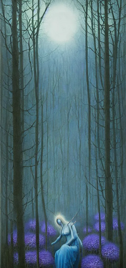 Image similar to painterly dreamy Kupala Night in the blue forest with trees with many huge eyes, giant flowers, glowing owls, deers, women, lianas, thistles, giant fantasy creatures, a stream and sky with moon and stars by Beksinski, Alex Grey, Aron Wiesenfeld and Giger dark fantasy, witcher, very detailed oil painting in the alla prima style, masterpiece, 8k