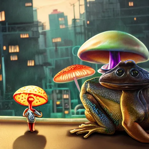Prompt: A close up portrait of a scary godlike anthropomorphic frog smoking an anime cigarette , magic mushroom village in background . award winning. superb resolution. in the art style of junji Ito and greg rutkowski . Detailed Mushroom city in background. Hyper realistic anime. Perfect art. Dalle2