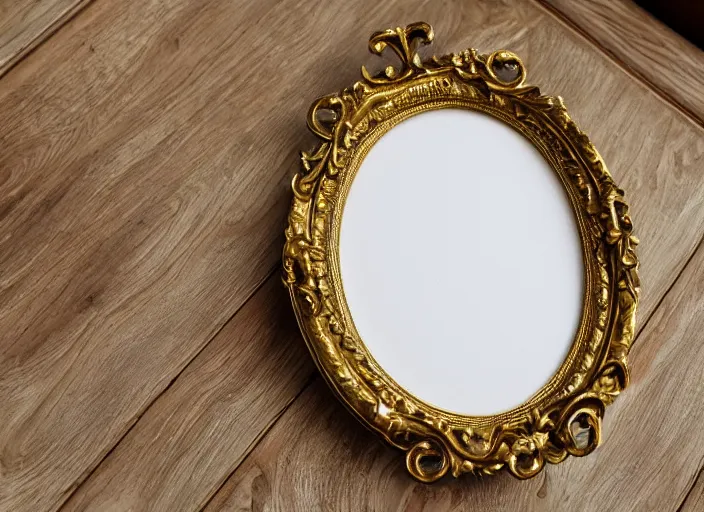 Image similar to beautiful baroque oval portrait picture frame, royal, gilded with gold, magical, fantasy, metallic, product photography