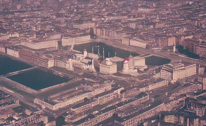 Prompt: high quality 2000s historic footage of soviet square with one lenin statue with stanilist style giant walls , color aerial photo drone, Cinestill 800t, heavy grainy picture, very detailed, high quality, 4k panoramic