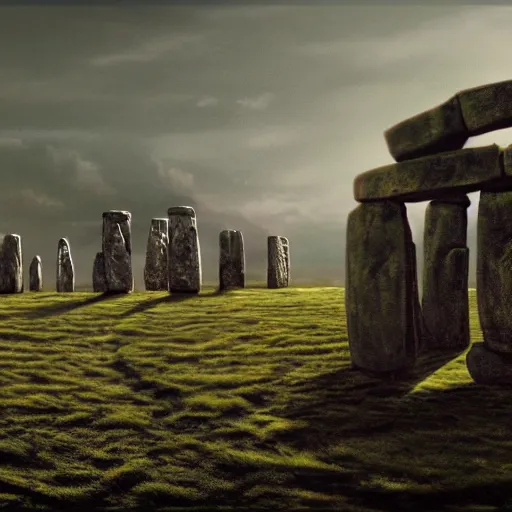 Prompt: highly detailed landscape with two monks praying with stonehenge in the background 1 9 8 0 s science fiction, 1 9 7 0 s science fiction, cyberpunk, moody, misty, depth perception, 4 k, artstation