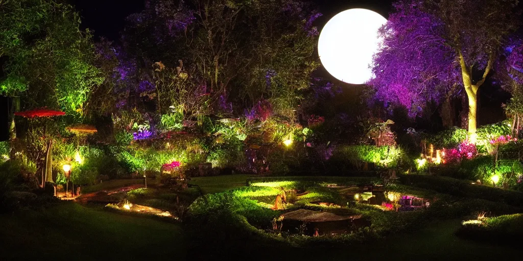 Prompt: magical garden at night, big moon