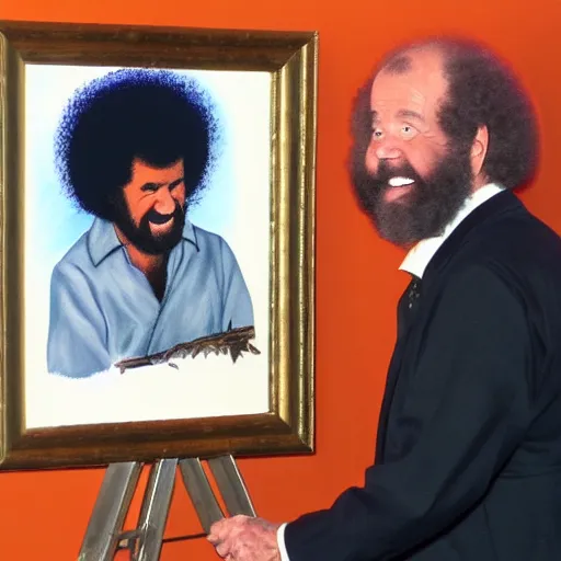 Image similar to oil painting of Bob Ross painting the devil and making him smile and blush