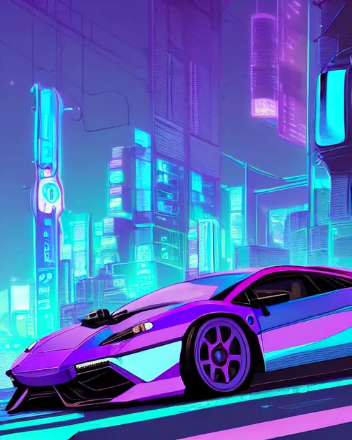 Image similar to digital illustration of cyberpunk pretty girl with blue hair, standing in front of a purple lamborghini, in junkyard at night, by makoto shinkai, ilya kuvshinov, lois van baarle, rossdraws, basquiat