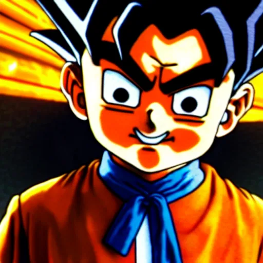 Image similar to mr. bean as goku from dragonball z. movie still. cinematic lighting.