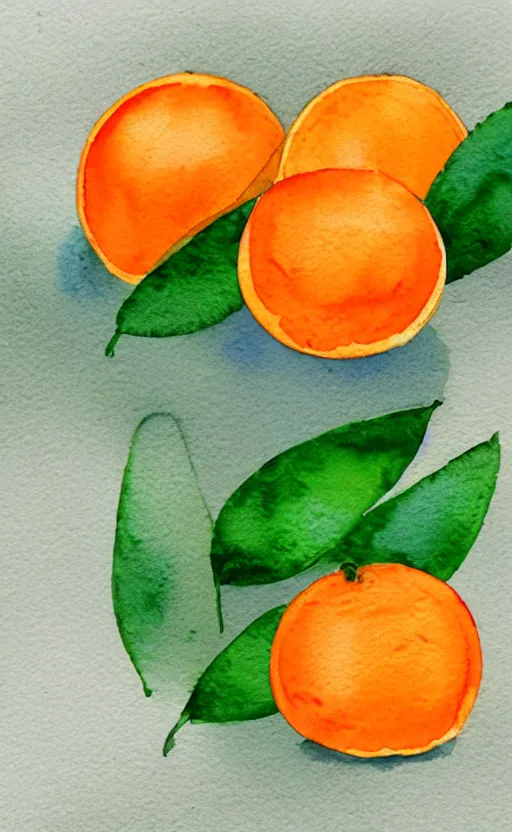 Prompt: minimalist watercolor art of oranges with green leaves