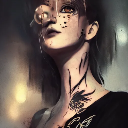 Image similar to swedish bar maid, tattoos, black t - shirt, black skirt, detailed portrait, intricate complexity, by greg rutkowski, artgerm, ross tran, conrad roset, takato yomamoto, ilya kuvshinov. 4 k, beautiful, cinematic dramatic atmosphere