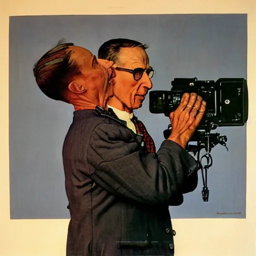 Image similar to norman rockwell painting of a man holding a large television - video - camera