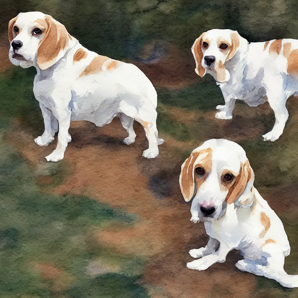 Image similar to water color painting of a white and caramel beagle dog in a backyard, harsh lighting, detailed, trending on artstation, dull pastel colors, bright, god rays, dreamy, trending on artstation