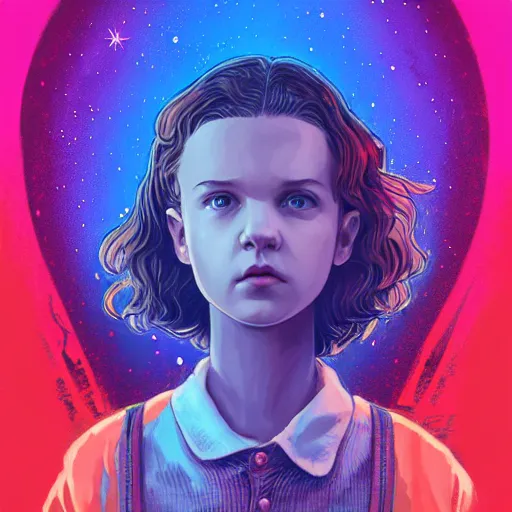 Image similar to eleven from stranger things, nighttime, outdoors, intricate, highly detailed, digital painting, artstation, official media, anime key visual, concept art, ambient lighting, sharp focus, 1980's anime style, art by Artgerm, Makoto Shinkai, Ilya Kuvshinov, Lois Van Baarle, and Rossdraws