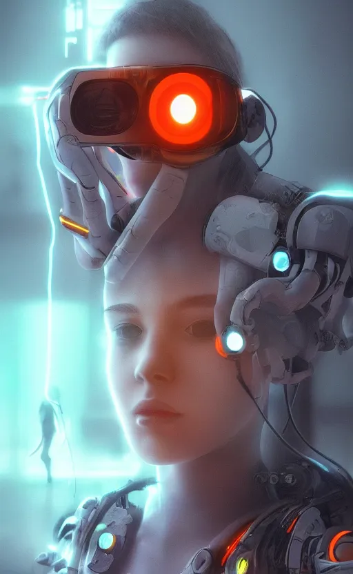 Prompt: a beautiful!! photo of a bionic!! teenager!!, cyberpunk, augmented vision, volumetric light, photography, dystopian, extremely detailed, photorealistic!, stunning, digital art trending on artstation, orange, cyan, washed out colors