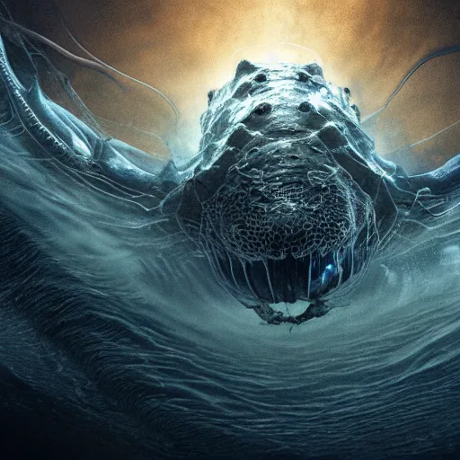 Image similar to top down view of an alien leviathan emerging from a deep ocean during a storm, cinematic lighting, dramatic, masterpiece, trending on artstation