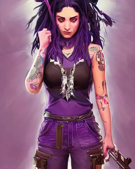 Prompt: beautiful female purple hair with dagger tattoo symmetrical face eyes full length fantasy art apex fortnite Video game icon, 2d game art gta5 cover , official fanart behance hd artstation by Jesper Ejsing, by RHADS, Makoto Shinkai and Lois van baarle, ilya kuvshinov, rossdraws